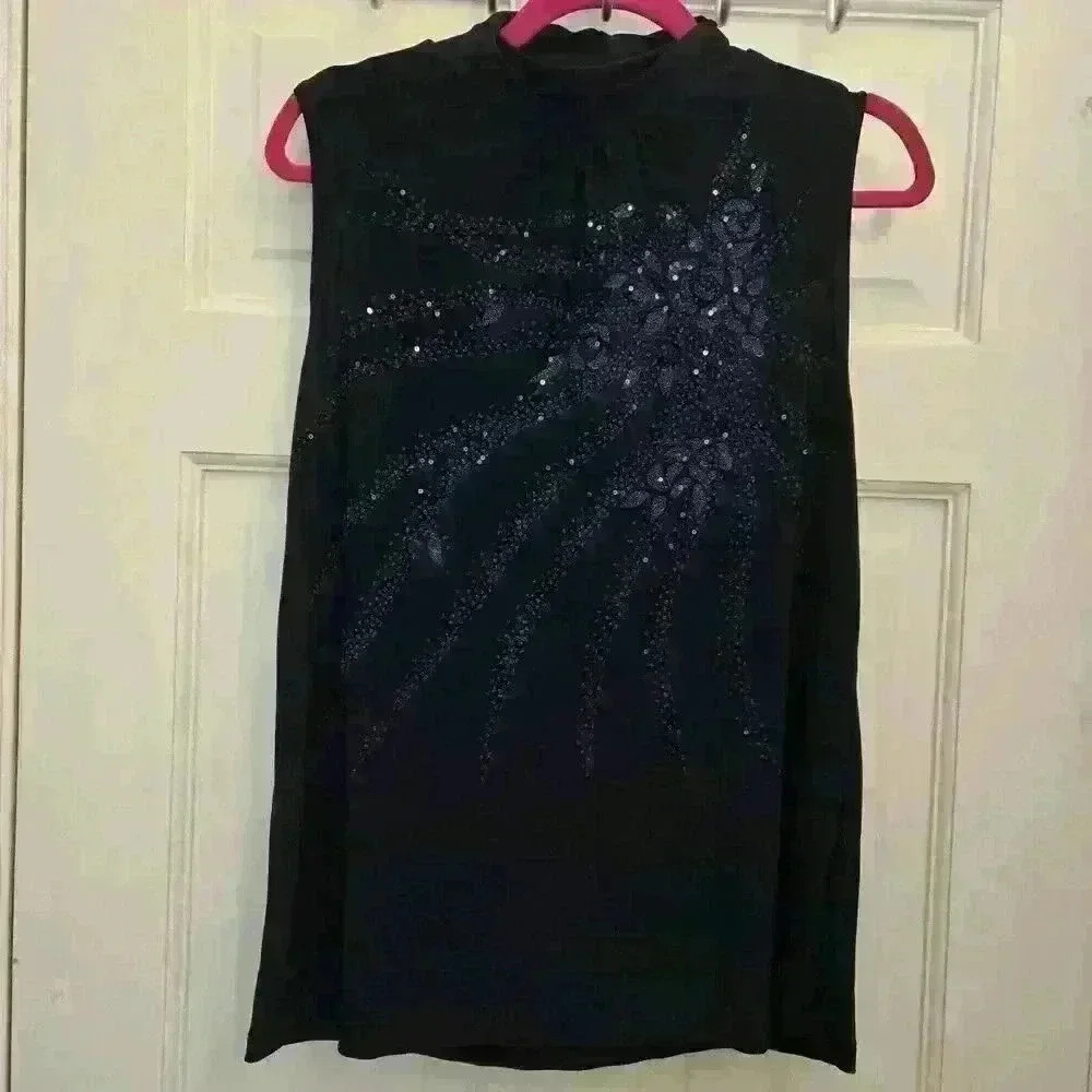 Bleeker & Mcdougall Sequins +Beads Navy Blue Sleeveless Tops,XL - Picture 1 of 3